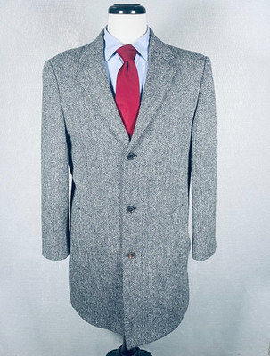 Harris Tweed Jacket Mens 40 (M) Gray Scottish Wool Herringbone Overcoat Trench