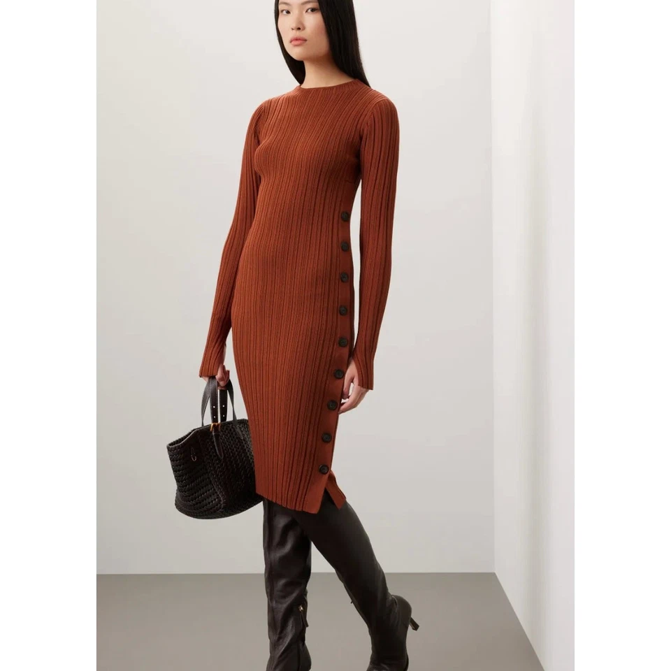 Vestido Adam Lippes Mujer Mediano Naranja Botón Lateral Midi Suéter Tejido Acanalado Foto 2 de 4