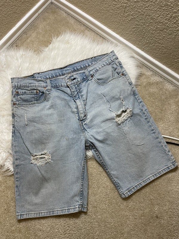 Levis 405 Mens 38" Blue Light Wash Distressed 10" Denim Jean Jorts Shorts Cowboy