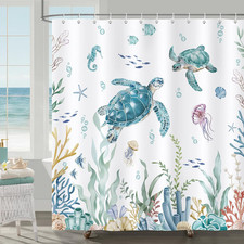 Coastal Beach Shower Curtain, Ocean Sea Turtle Coral Underwater