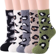 5 Pairs Stylish Leopard Print Fuzzy Slipper Socks - Warm  Comfy Gift for Her