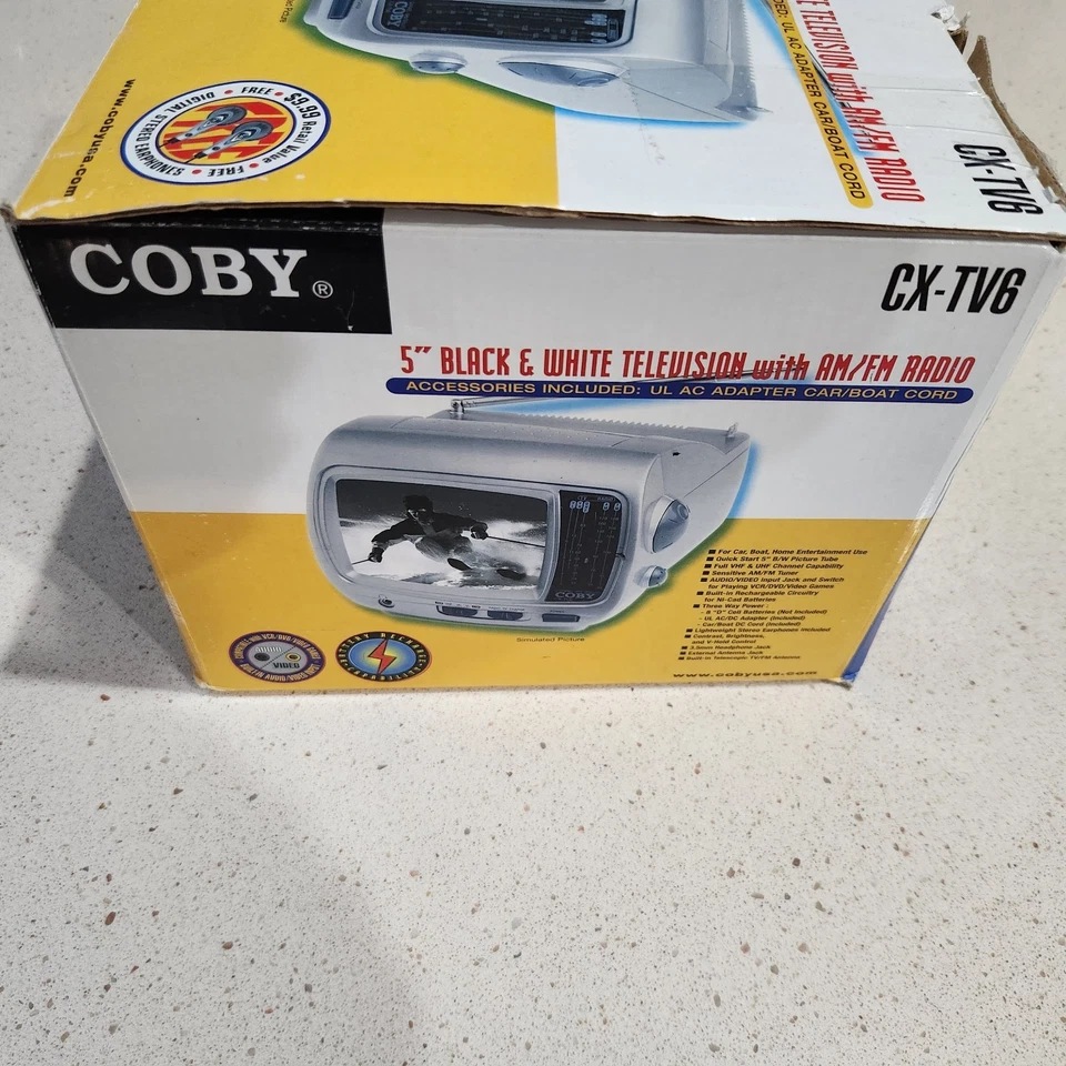 New 5” Coby CX-TV6 Portable Black White Mini TV AM/FM Radio & Digital Earphones - Image 3 of 4