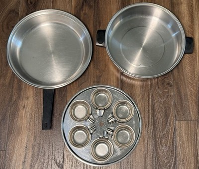 Lustre Craft 10  3-Ply Stainless Steel Frying pan USA 476, lid 6 Egg Poacher VTG