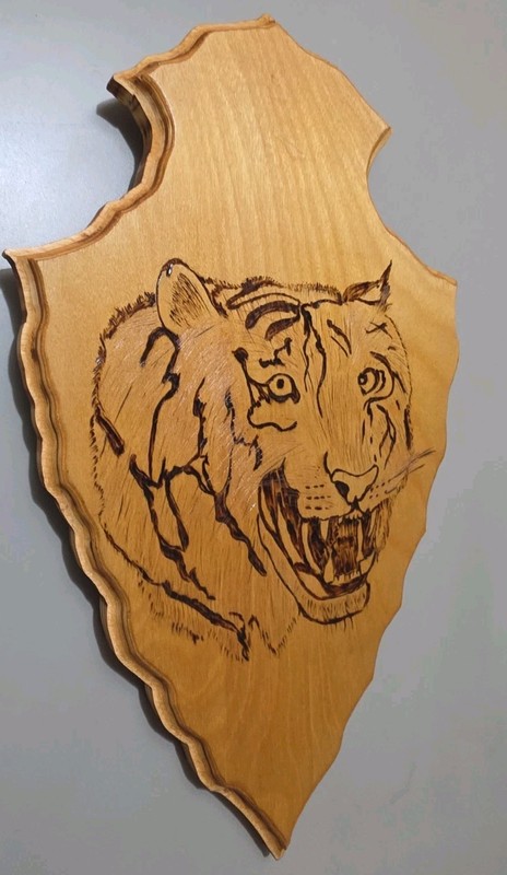 Vintage Handcrafted Wood Burned Tiger Plaque – Pyrography Wall Art, Shield /...