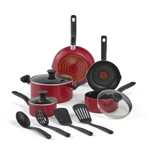 T-Fal 12pc Simply Cook Nonstick Cookware Set Red: Aluminum, Ergonomic