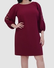 Vince Camuto Women's Red Crepe Boatneck Blouson Lace Sleeve Dress Plus Size 14W