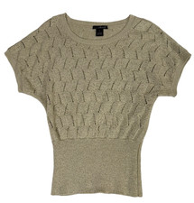 Women's Large Tan Open Knit short sleeve Sweater Ribbed Hem Lightweight Top