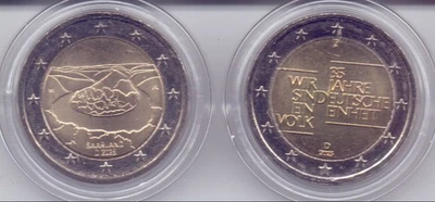BRD - 2025A - 2x2Euro - Saarland + 35 Jahre Deutsche Einheit - bfr in Kapsel - Bild 1 von 2