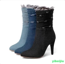 Women's Denim Jean Shoes High Heels Casual Dress Ankle Boots Ripped Hole Vintage