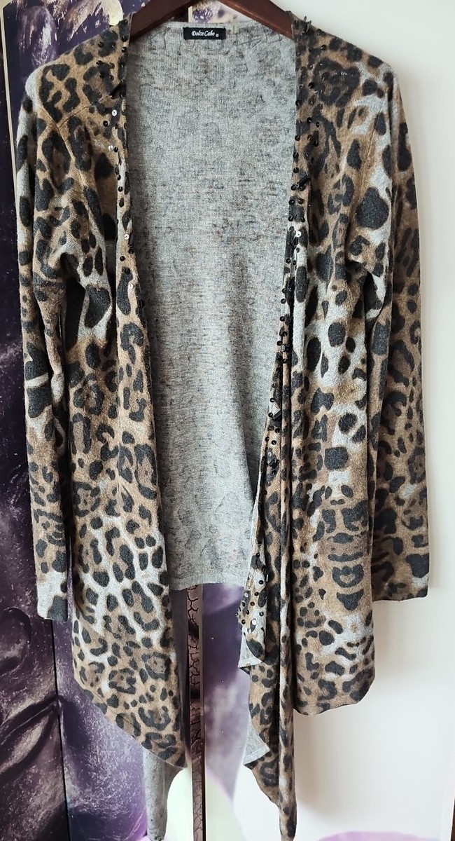 Dolce Cabo Open Front Brown Multi Sequins Animal Print