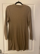 Ladies Brown Ribbed Stretch High Neck Long Sleeve Mini Dress Size Medium m