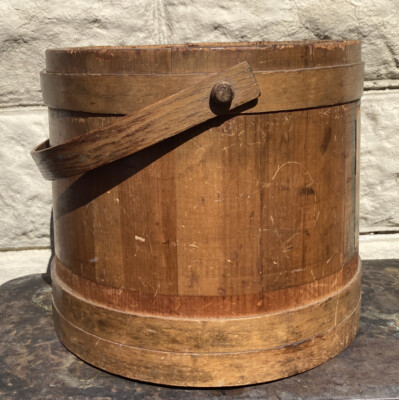Antique Firkin Bucket Primitive Large Wooden 11.5x13” Ship Taeping