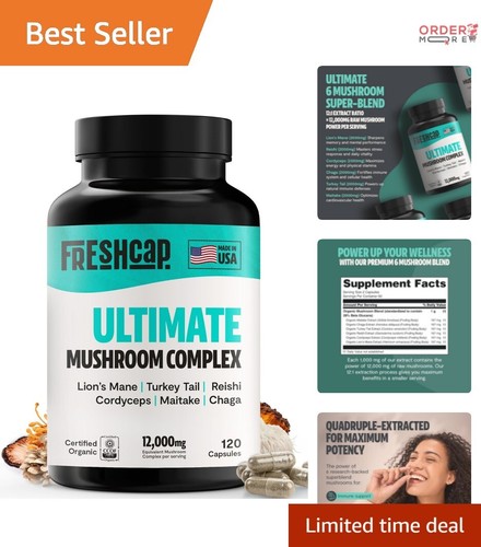 FreshCap 12,000mg Organic Mushroom Supplement - Health & Brain Support 120 Caps