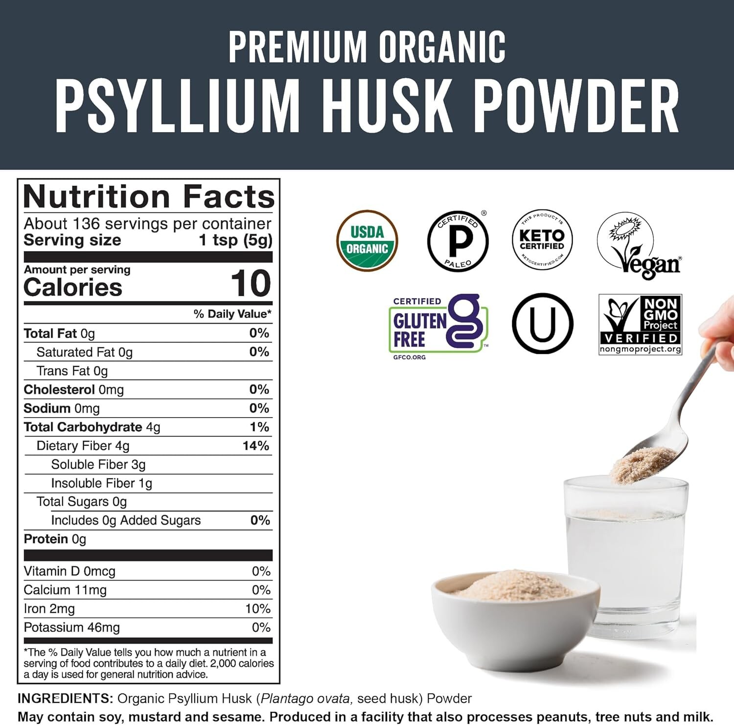 Viva Naturals Organic Psyllium Husk Powder 1.5 Lbs Easy Mixing Fiber Supplement