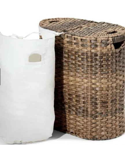 SEVILLE CLASSICS HANDWOVEN OVAL DOUBLE LAUNDRY HAMPER W/ LINER, MOCHA