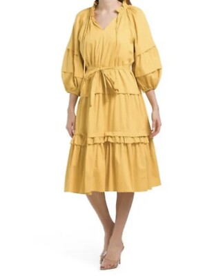 t tahari long sleeve tiered maxi dress $495 ELIE TAHARI Tassel Ruffle Neck Balloon Sleeve Tiered Midi Dress L Sky  White