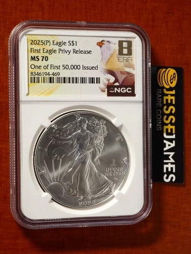 2025 (P) SILVER EAGLE NGC MS70 FIRST EAGLE PRIVY RELEASE FIRST OF 50,000 ISSUED