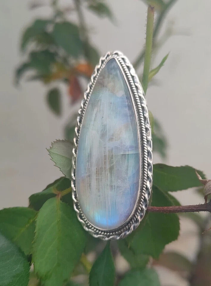 Anillo Grande Arco Iris Piedra Lunar Plata Esterlina Boho Distintivo Anillo Hecho a Mano Anillo A Foto 4 de 4