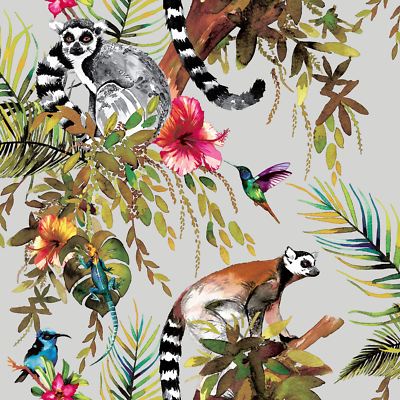 Exotic Lemur Jungle Flowers Leaves Hummingbirds Metallic Wallpaper Silver 12401