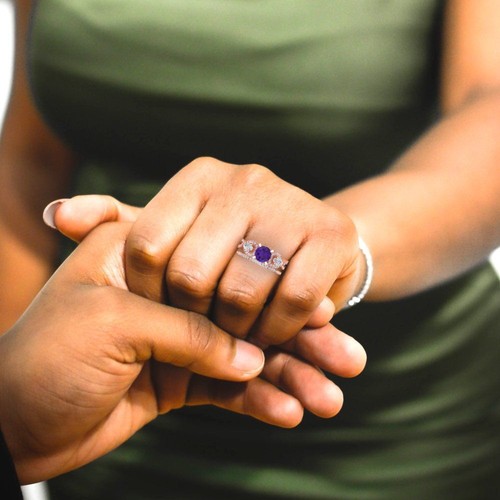 2 Round Cut Pear 3 stone Natural Amethyst Promise Bridal Band set 14k Rose Gold - Picture 5 of 5