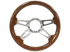 VSW 14 inch Walnut Steering Wheel, 9 Bolt 4 Spoke Slotted, 2 inch Dish