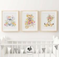Baby Nursery Wall Art Prints Australian animals Koala, Kangaroo, wombat 3 set