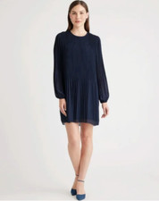 NWT Quince Women’s Chiffon Pleated Long Sleeve Mini Dress NAVY Small