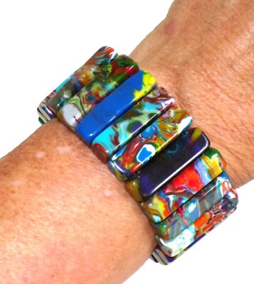 Sobral Pollock Stoc Multicolor Marbled Swirl Bead Stretch Artist Made Bracelet