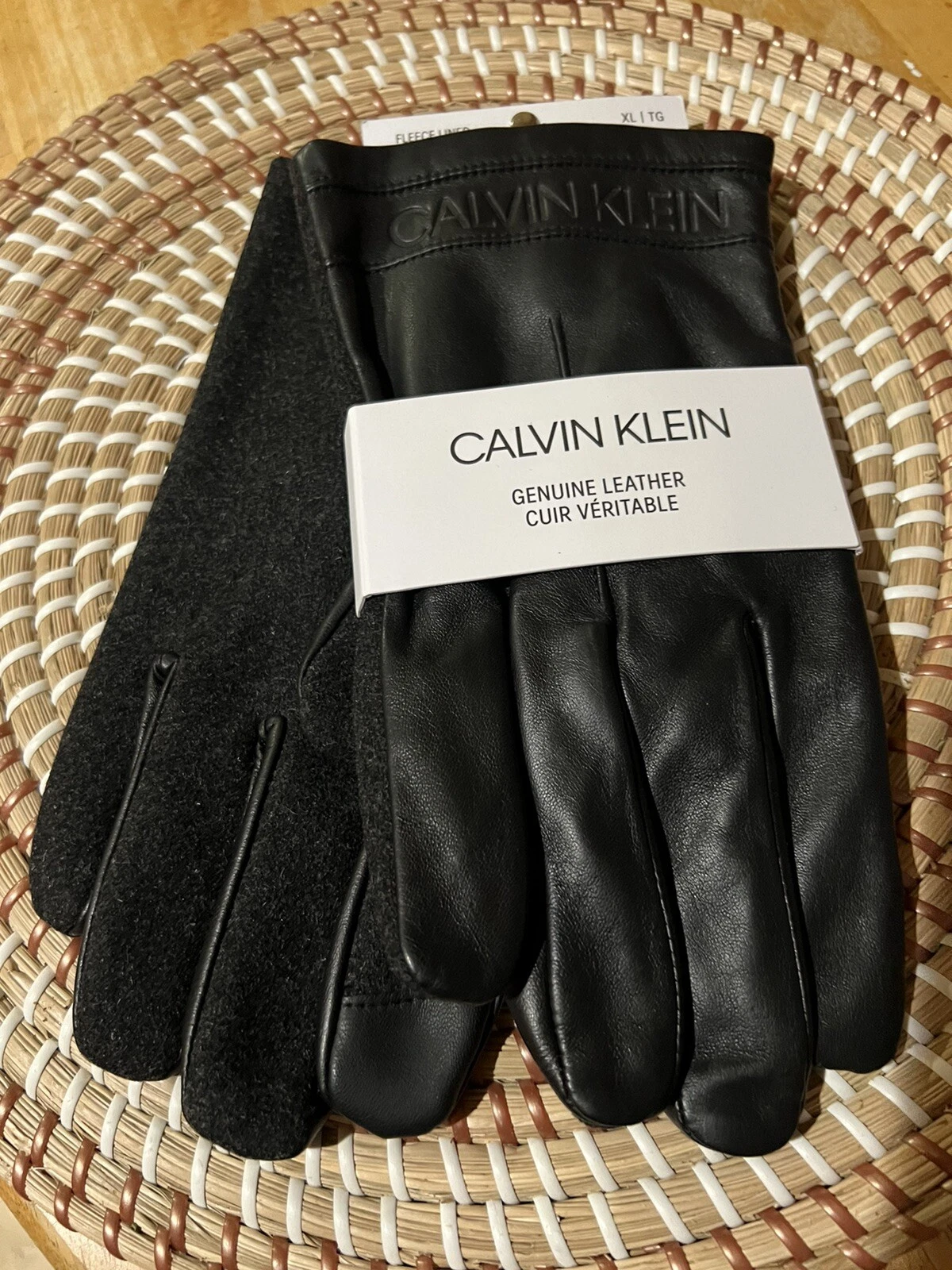 New Mens Calvin Klein Leather Fleece Lined Wool Black Sz XL Gloves Touchscreen