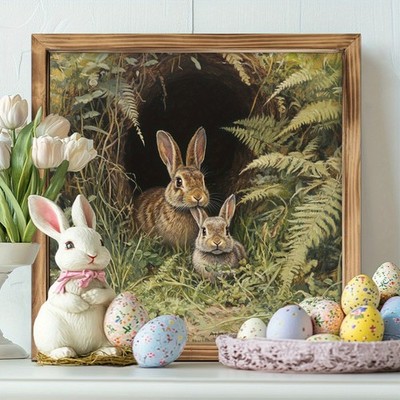 Wooden Plaque Easter Bunny Family, Forest Fern Spring Home Wall Art Decoration