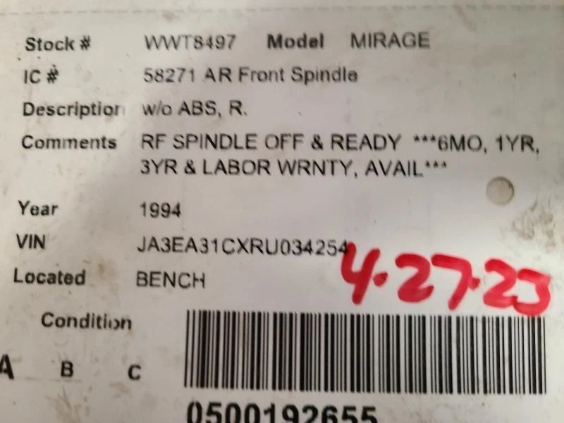 Husillo/nudillo delantero derecho pasajero sin ABS se adapta a 93-96 COLT 630044 Foto 3 de 3