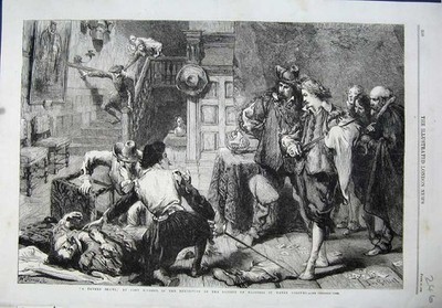 Original Old Antique Print Fine Art 1864 Tavern Brawl Men Swords John Gilbert