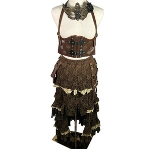 Spirit Halloween Steampunk Costume Skirt Vest Mask Adult M/L Brown Gothic Gears