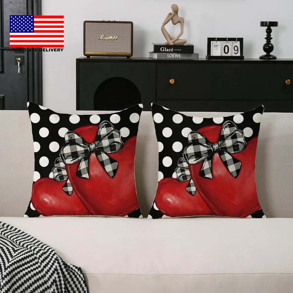 Valentine Pillow Covers 18X18 Inch Set of 2 Buffalo Plaid Polka Dots Red Heart P - Image 2 of 4