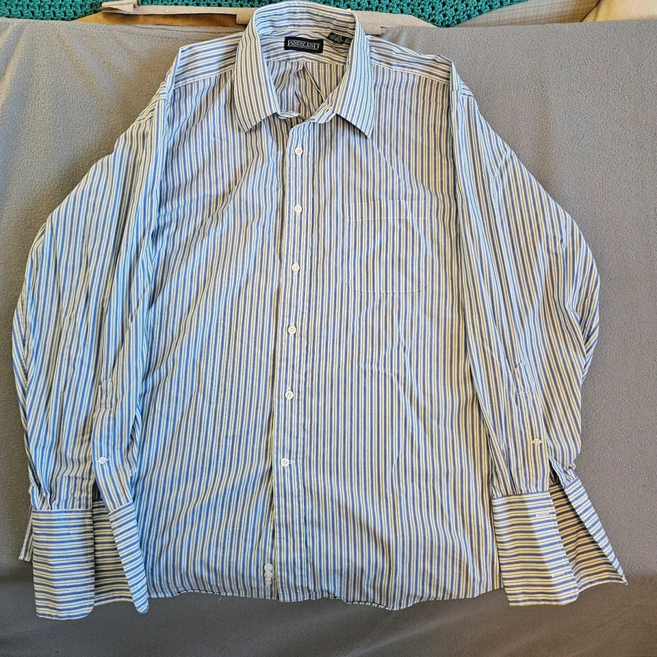 Lands' End Men's Long Sleeve Dress Shirt Size 17/34 Blue, White & Green Striped - Image 3 of 4