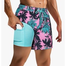Mens Swim Trunks Tropical Palm Tree Pink Blue Liner Pockets Size XXL