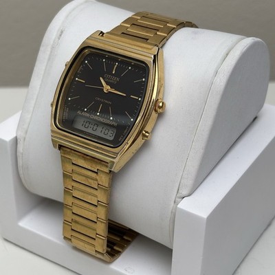 Vintage CITIZEN Digi-Ana Crystron LCD Alarm Watch Gold Tone Black