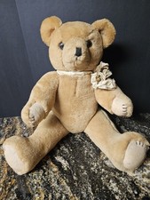 Vintage Mohair Fully Jointed Teddy Bear Tan With Bow Plush Stuffed Animal