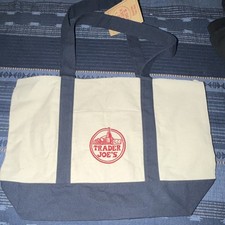 Trader Joe's Foldable Tote Cotton Polyester Beige Navy Blue Reusable Bag