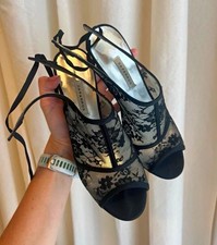 Caparros Women s Black Lace Strappy Open Toe Ankle Tie Heels Silver