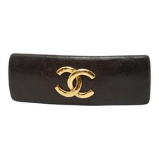 CHANEL Cocomark Barrette Hair Accessory Hair Ornament Black Leather Metal Women'