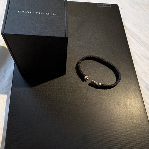 DAVID YURMAN Mens Black Braided Leather Cord Bracelet Sterling Silver Clasp
