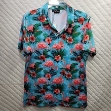 Yatta Golf Mens Small Blue Pink Flamingos Short Sleeve Golf Polo Shirt New