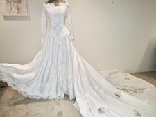 Vintage Mori Lee Satin Wedding Dress 90s Beaded, Pearls, Lace, Long Sleeve Train