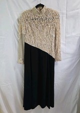 Sherri Hill  Tan Sequin Floral  Top Black Long Sleeve Gown  Chocker Dress Sz 14 