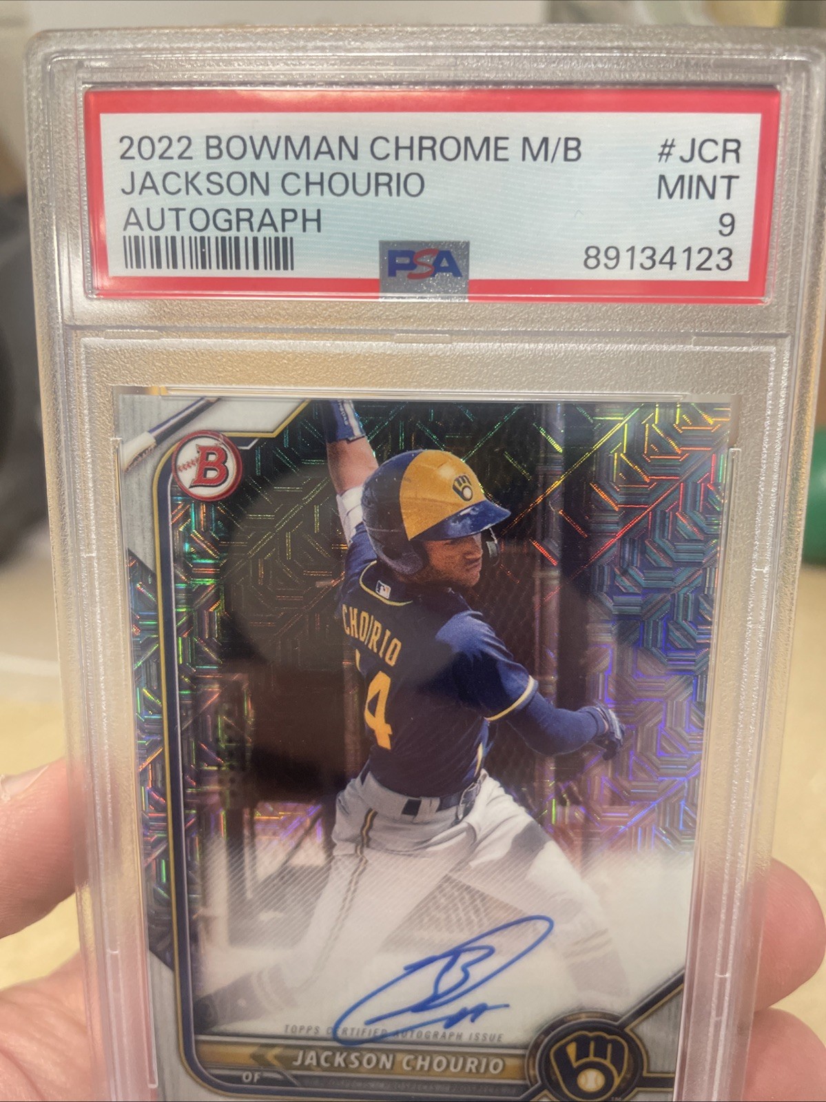 JACKSON CHOURIO 2022 Bowman Chrome M/B AUTO PSA 9 MILWAUKEE BREWERS ON CARD AUTO view 2