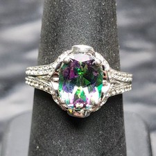 Mystic Topaz Ring Sz 8 Sterling Silver 925 Oval Rainbow Statement Pave