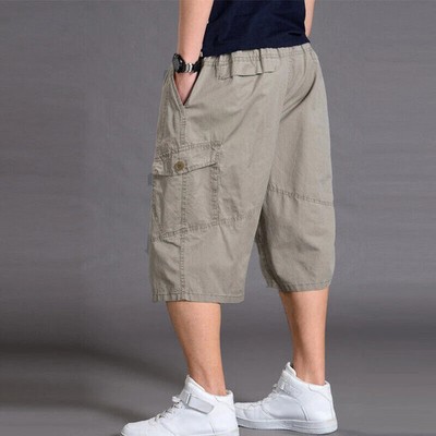 Mens Solid Baggy Cotton Trousers 3/4 Length Casual Cargo Pants Shorts Plus Size