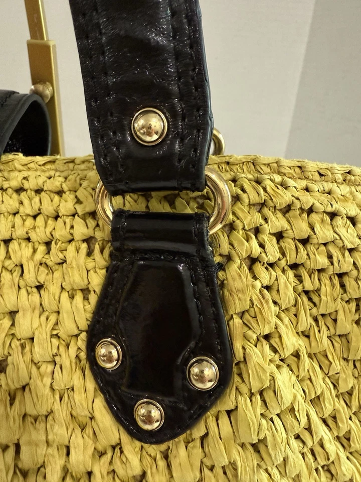 Michael Kors Womens Santorini Tote Bag Yellow Black Straw Patent Leather Woven - Image 3 of 4
