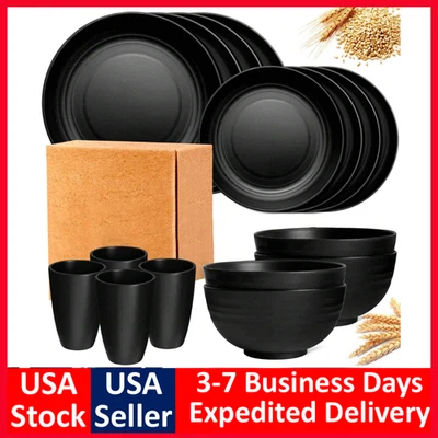 16 Piece Dinnerware Set, Kitchen Wheat Straw Dinnerware Set, Black, Serves 4